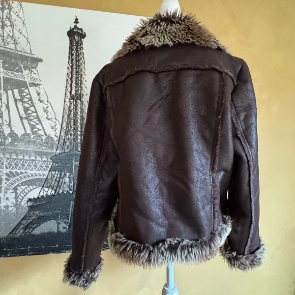 Giacca Brown Faux Shearling Trim Moto Jacket XL - Picture 4 of 6